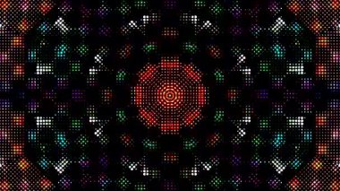 Derin kırmızı ve mavi tonlarda simetrik geometrik desenler içeren soyut kaleydoskop animasyonu geleceksel bir görsel etki yaratır.