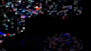 Renkli dikdörtgen parçaları ile soyut arıza animasyonu koyu arkaplanda dijital bir girdap oluşturur.