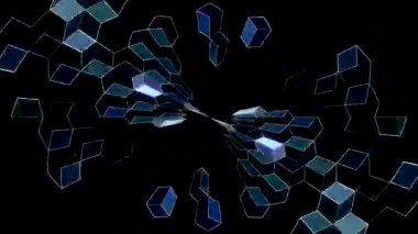 İnce parıldayan çizgilerle dönen üç boyutlu bir yapının soyut çizimi dinamik bir görsel efekt yaratır..