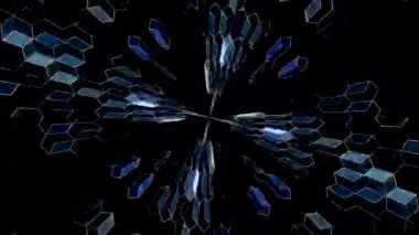 Mavi elmas şekilli simetrik kaleydoskop motifi siyah arkaplan üzerinde parlayan bir geometrik desen oluşturuyor.