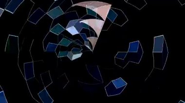 Mavi elmas şekilli simetrik kaleydoskop motifi siyah arkaplan üzerinde parlayan bir geometrik desen oluşturuyor.