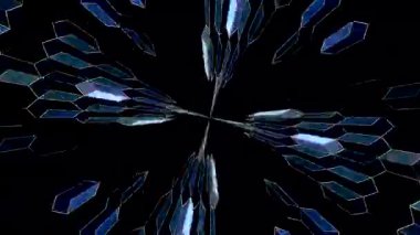 Mavi elmas şekilli simetrik kaleydoskop motifi siyah arkaplan üzerinde parlayan bir geometrik desen oluşturuyor.