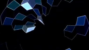 Mavi elmas şekilli simetrik kaleydoskop motifi siyah arkaplan üzerinde parlayan bir geometrik desen oluşturuyor.