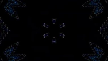 Mavi elmas şekilli simetrik kaleydoskop motifi siyah arkaplan üzerinde parlayan bir geometrik desen oluşturuyor.