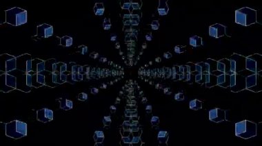 Neon renk gradyanlarının yer aldığı dijital animasyon dinamik ve zarif dikdörtgen bileşimi oluşturur.