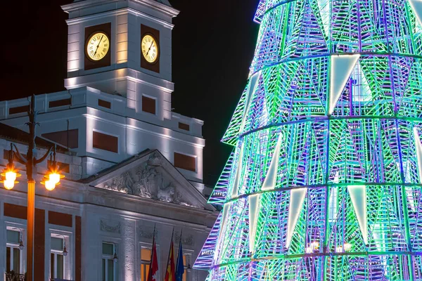 Árvore Natal Puerta Del Sol Madrid Espanha Iluminação Natal Praça — Fotografia de Stock