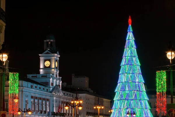 Árvore Natal Puerta Del Sol Madrid Espanha Iluminação Natal Praça — Fotografia de Stock