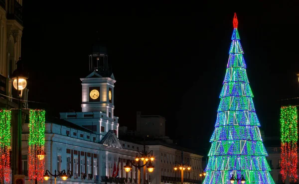 Árvore Natal Puerta Del Sol Madrid Espanha Iluminação Natal Praça — Fotografia de Stock