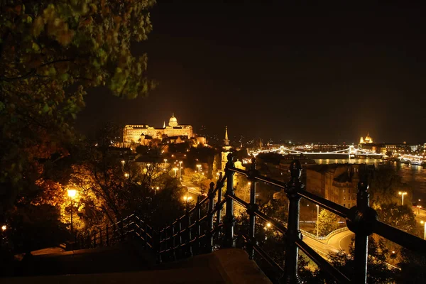 Будапешт Освещался Осенней Ночью Венгрия Замок Буда Базилика Цепной Мост — стоковое фото