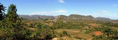 View of Vinales Valley, in the province of Pinar del Rio, Cuba. Landscape with the mogotes, in geomorphology, is a prominent, isolated terrain elevation rounded in the shape of a dome and farm fields.