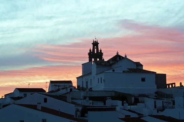 Szűzanya Templom Harangtornya Naplementekor Sanlucar Guadiana Huelva Spanyolország — Stock Fotó