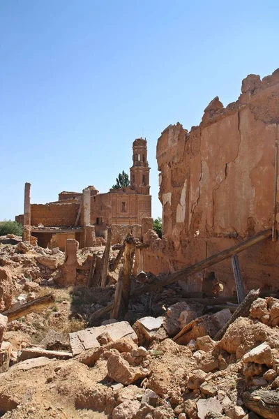 Zřícenina Města Bombardovaného Španělské Občanské Válce Bitva Belchite Španělsko Kostel — Stock fotografie