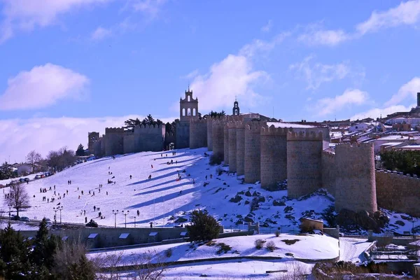 Medieval Wall Carmen Gate Ancient City Avila Spain Snow Sunny — Stock Photo, Image