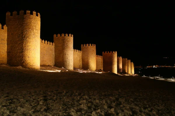 Régi Megvilágított Középkori Fal Ősi Város Avila Spanyolország Avila Fala — Stock Fotó