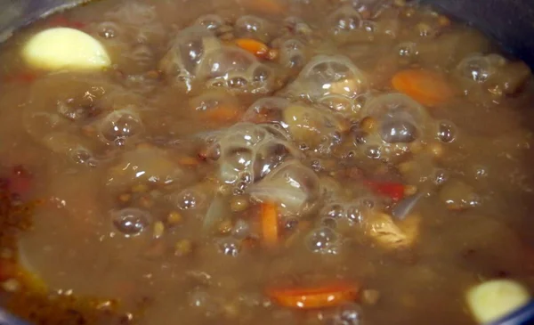 Close Boiling Lentil Stew Turkey Meat Vegetables Spanish Food — Stock Photo, Image