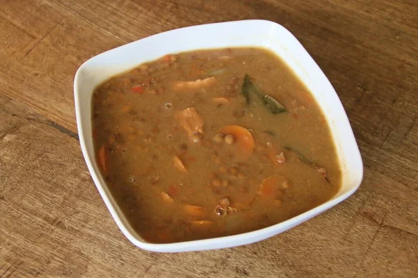 Guiso Lentejas Con Carne Pavo Verduras Comida Española — Foto de Stock