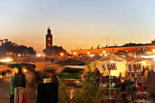 Jemaa Fna Square Marrakesh Tourists Locals Share Space Sunset Morocco — Stock Photo, Image