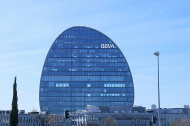 Madrid, Spain. 02 23 2019. La Vela Building of  BBVA bank. Headquarters in Las Tablas neighborhood, this building being the main building in the complex known as the financial city of BBVA.