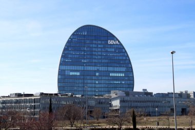 Madrid, Spain. 02 23 2019. La Vela Building of  BBVA bank. Headquarters in Las Tablas neighborhood, this building being the main building in the complex known as the financial city of BBVA.