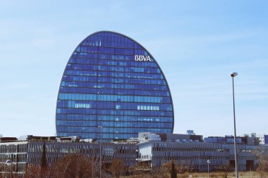 Madrid, Spain. 02 23 2019. La Vela Building of  BBVA bank. Headquarters in Las Tablas neighborhood, this building being the main building in the complex known as the financial city of BBVA.