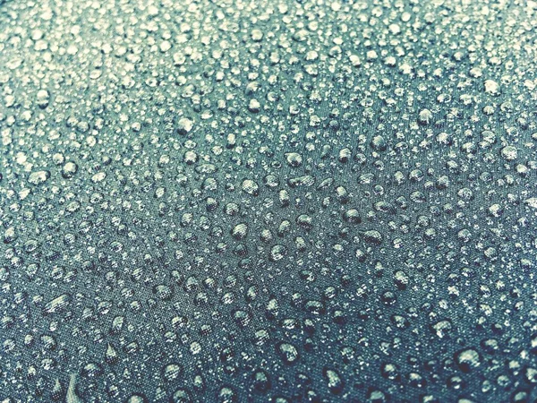 Raindrops on the cloth of an umbrella. Close-up of the small pearl-like drops.