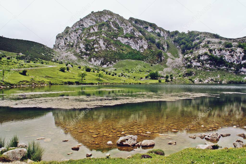 Lakes of Covadonga (Lake Enol) in Picos de Europa (English: Peaks of Europe),  Asturias, north of Spain.