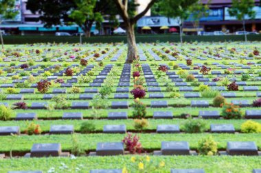 Kanchanaburi / Tayland. 08/21/2017. 2. Dünya Savaşı mezarlığı. Kanchanaburi Savaş Mezarlığı, Burma Demiryolu inşaatı sırasında Japon esirleri için savaş mezarlığının ana esiridir..