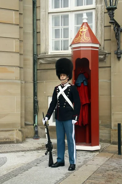 Kopenhaga Dania 2016 Strażnik Pałacu Amalienborg Kopenhadze Royal Guard Company — Zdjęcie stockowe