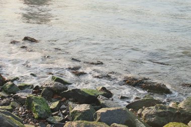 Gün batımında hafif dalgalar kayaları sarıyor. East River kıyısı, Brooklyn Köprüsü 'nün yanındaki alacakaranlıkta. 2019 sonbaharı. New York City, ABD.