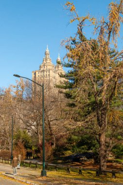 New York, ABD. 13 Kasım 2019. New York 'taki Central Park' ın sonbahar manzarası. San Remo apartmanı arka plandaki Central Park ağaçlarının üzerinde duruyor..