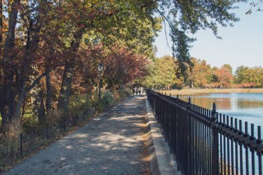 New York, ABD. 13 Kasım 2019. Jacqueline Kennedy Onassis Reservoir, Central Park 'ta sonbaharda. İnsanlar suni gölün yanında Shuman Koşu Pisti boyunca yürüyorlar..