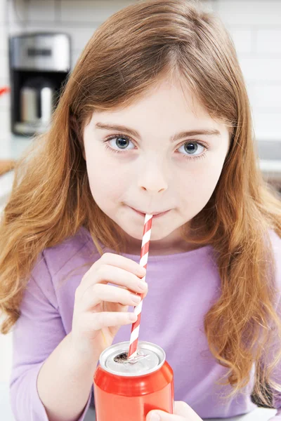 Young Girl Drinking Can Of Soda Through Straw — Stock Photo, Image