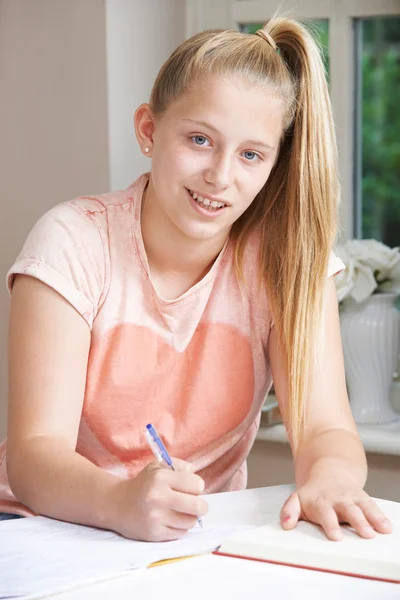 Портрет девушки, делающей домашнюю работу за столом — стоковое фото