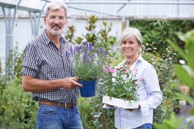 Mature Couple Choosing Plants At Garden Center clipart