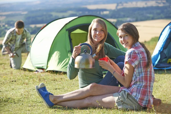 Grupp unga vänner Camping på landsbygden — Stockfoto