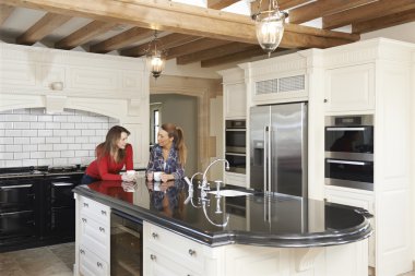 Mature Female Friends Standing In New Luxury Fitted Kitchen And  clipart