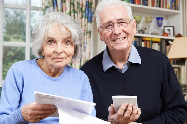 微笑审查家庭财政的年长夫妇肖像 — 图库照片