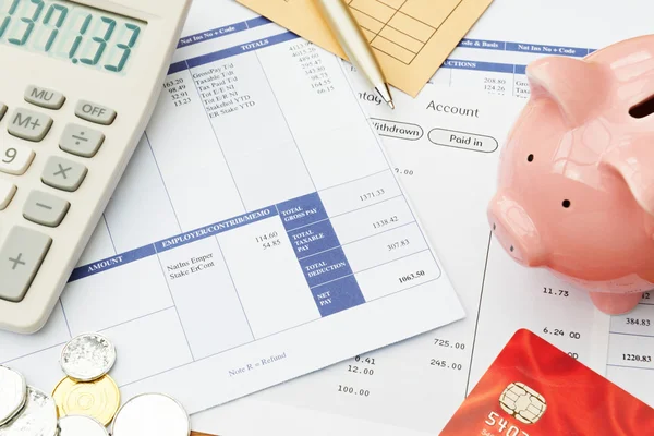Variety Of Financial Objects Arranged On Wage Slip — Stockfoto