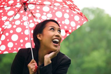 Young Woman Sheltering From Rain Under Umbrella