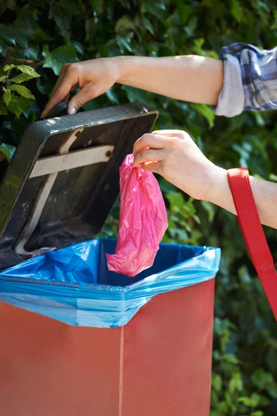 Dog Owner Putting Poop Bag Into Bin On Walk — Stock Photo, Image