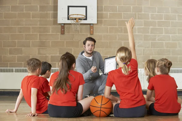 Entrenador dando charla de equipo al equipo de baloncesto de la escuela primaria —  Fotos de Stock