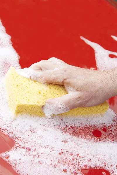 Close Up Of Hand Washing Car Hood Using Sponge — Stock Photo, Image