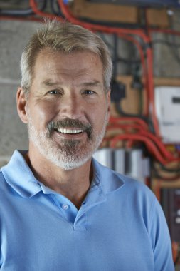 Elektrik sigortasının yanında duran elektrikçinin portresi