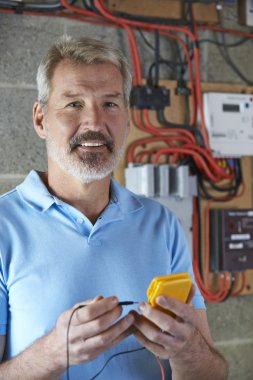 Elektrik sigortasının yanında duran elektrikçinin portresi