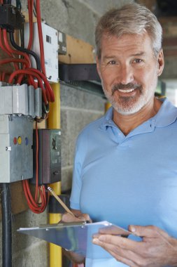 Elektrik sigortasının yanında duran elektrikçinin portresi