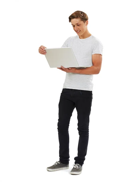 Full Length Studio Shot Of Teenage Boy Using Laptop — Stock Photo, Image