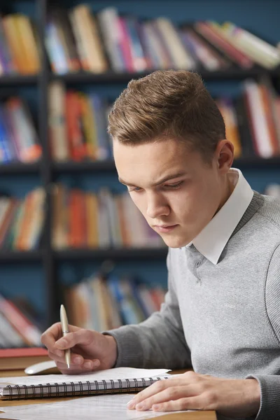 Mužské dospívání Student pracuje v knihovně — Stock fotografie