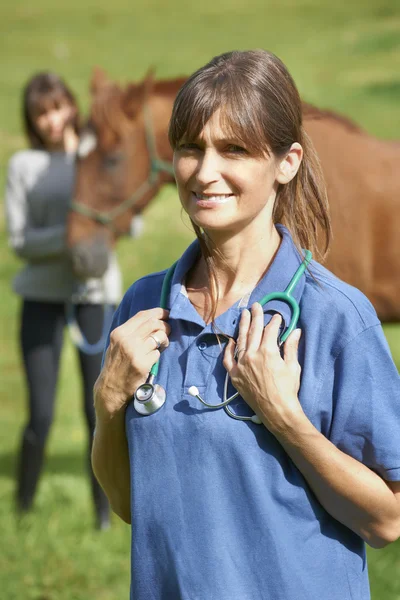 Kobiet weterynarza konia i właściciel w dziedzinie — Zdjęcie stockowe