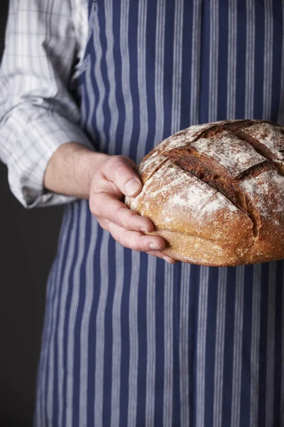 Homem vestindo avental segurando pão recém-assado de pão — Fotografia de Stock