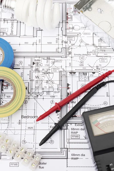 Electrical Components Arranged On House Plans — Stock Photo, Image